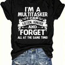 Women's Funny Multi-Task Slogan T-Shirt - Black & White Short Sleeve Round Neck Tee With Humorous Lettering, Machine Washable Casual Top For Spring Summer Fall, Versatile Blouse For Women (Comfortable Casual Attire) - 黑色 - 查看 1