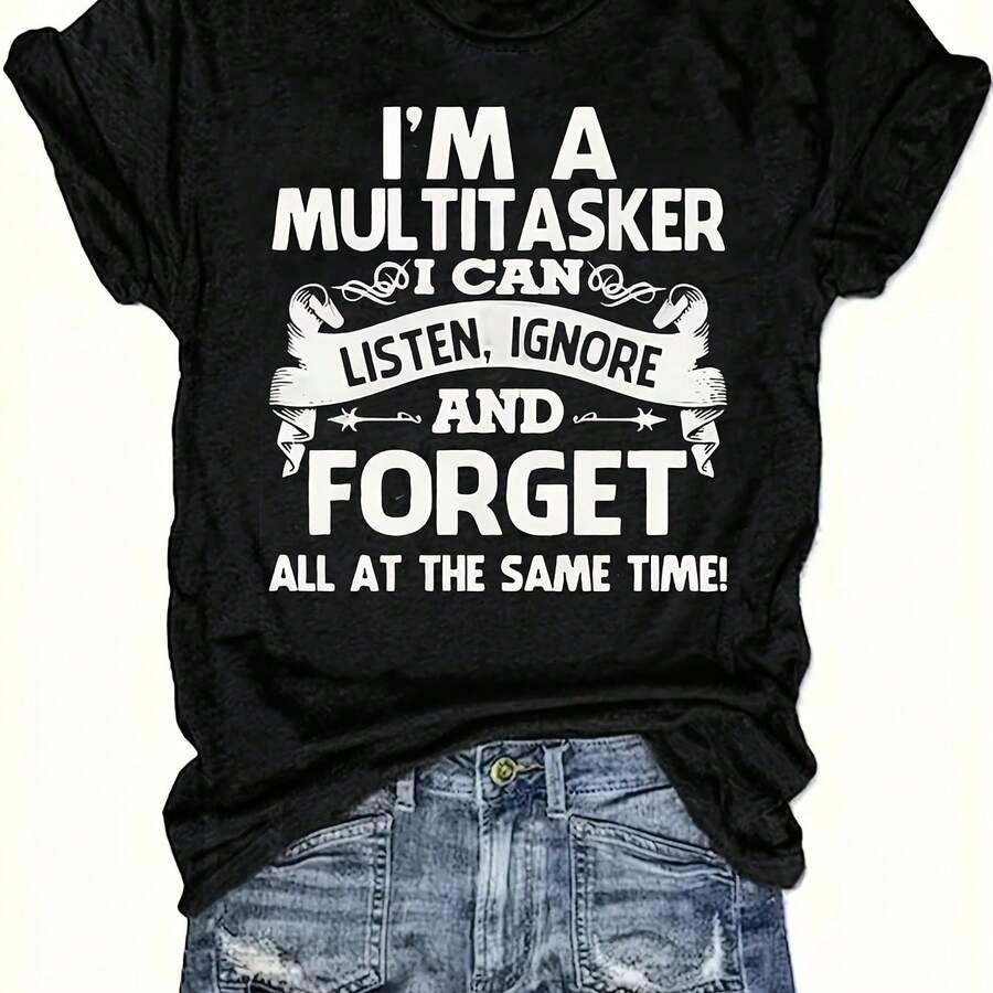 Women's Funny Multi-Task Slogan T-Shirt - Black & White Short Sleeve Round Neck Tee With Humorous Lettering, Machine Washable Casual Top For Spring Summer Fall, Versatile Blouse For Women (Comfortable Casual Attire) - 黑色 - 查看 1