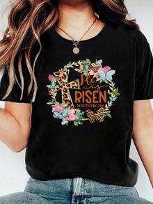 Easter T-Shirt With Leopard Print, Cross, Flowers And Butterflies "He Has Risen" Matthew 286, Loose Fit, Sporty, Elegant, Fashion Gift, Soft, Machine Washable, Stretchy, Casual, Crew Neck, Short Sleeve - 黑色 - 查看 1