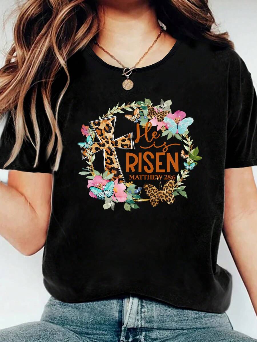 Easter T-Shirt With Leopard Print, Cross, Flowers And Butterflies "He Has Risen" Matthew 286, Loose Fit, Sporty, Elegant, Fashion Gift, Soft, Machine Washable, Stretchy, Casual, Crew Neck, Short Sleeve - 黑色 - 查看 1