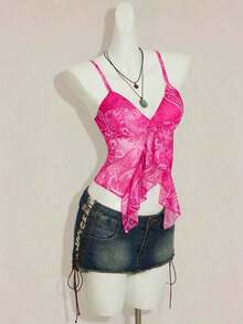 ICON Camisola Ajustada con Cuello en V y Volantes, Estampado Paisley Teal, Estilo Bohemio Retro Sexy Y2K para Mujer - Rosa - Ver 9