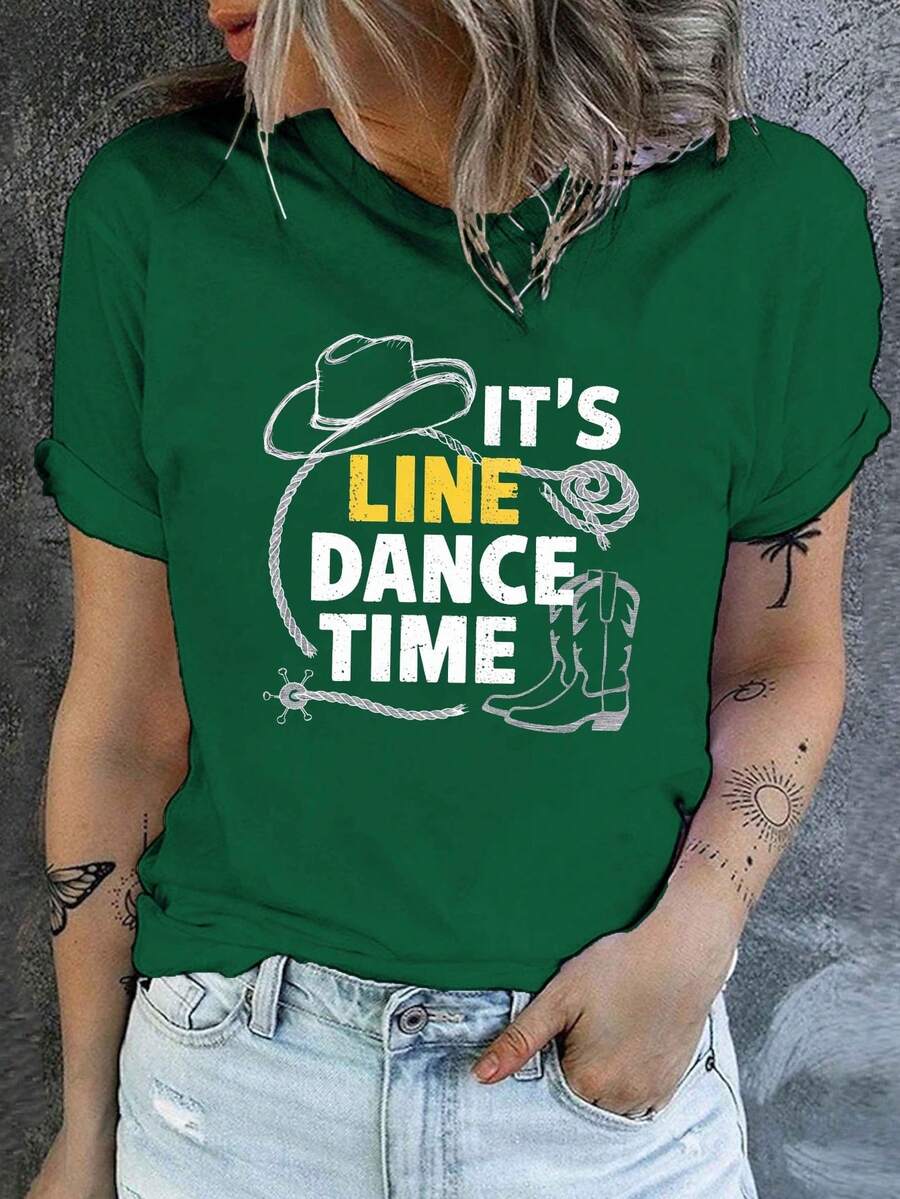Camiseta de mezclilla con estampado "Line Dance Moment" 2026, de manga corta y cuello redondo, estilo casual, para mujer, primavera/verano. - Verde - Ver 1