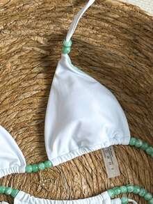 Bikini de mujer de color verde sólido con cuentas, con diseño de frente retorcido, de alta elasticidad para playa/piscina, uso en vacaciones de primavera/verano, color blanco - Blanco - Ver 7