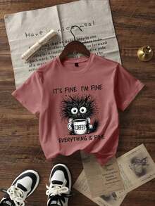 Women's Short-Sleeved T-Shirt With A Round Neck And Simple Slogan Print, Casual Summer Style, Loose Fit, Ideal For Everyday Wear And Holidays. Women's T-Shirt. Black - 中紫紅色 - 查看 3