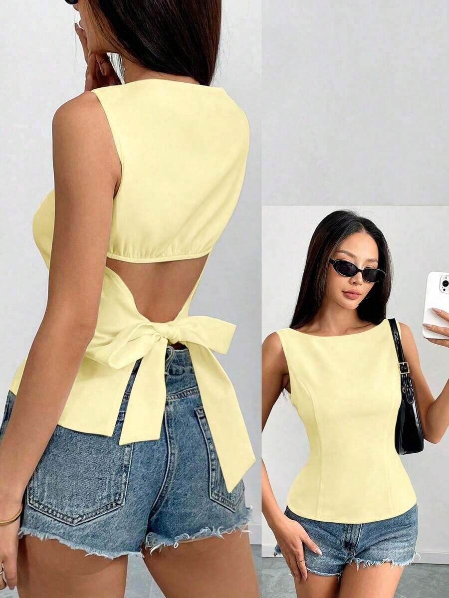 Camisa ajustada sin mangas de unicolor con lazo en la espalda, sexy y elegante para uso casual, adecuada para citas, vacaciones, oficina/negocios, primavera/verano - amarillo ganso - Ver 1