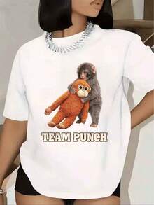 Women's T-Shirt With Print Of A Monkey Hugging A Plush Toy And The Text "Team Punch", Short Sleeve, Round Neck, Casual Summer Wear, 220g - 白色的 - 查看 1