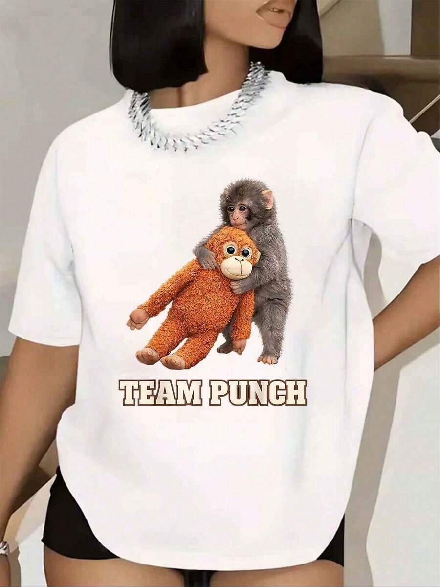 Women's T-Shirt With Print Of A Monkey Hugging A Plush Toy And The Text "Team Punch", Short Sleeve, Round Neck, Casual Summer Wear, 220g - 白色的 - 查看 1