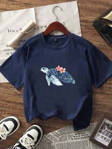 Camiseta de manga corta de cuello redondo con estampado de tortuga marina de moda minimalista y versátil, adecuada para mujer en color rosa camisetas de mujer algodón - Estilo - Ver 3
