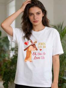 1 Piece Of Pure Cotton Women's T-Shirt With Jesus Print, Casual Summer Round Neck T-Shirt, Everyday Wear T-Shirt For Women, Available In White/Black/Pink/Grey, 180g, 100% Cotton. - 白色 - 查看 9