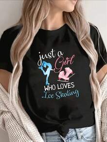 Women's T-Shirt Made Of Pure Cotton, With A Casual, Loose Fit, Designed For Skateboarding Enthusiasts, Featuring A "Love Skating" Print. Suitable For Home Use Or Outdoor Leisure Activities; Lightweight And Durable, It's An Ideal Choice For Sports Lovers And Everyday Activities. - 黑色 - 查看 1
