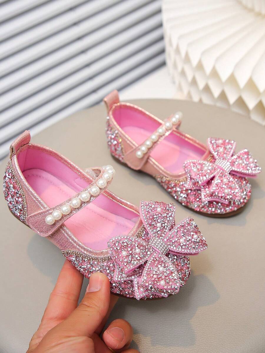 Girls' Multi-Color Rhinestone Butterfly Princess Shoes, Pearl Decor Soft Sole Shoes, Casual Wear For Spring, Summer, Autumn, School, Date - Pink - View 1