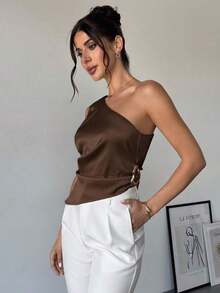 Blusa plisada elegante, romántica y de estilo sexy sin mangas, adecuada para fiestas, vacaciones y uso diario - Café integral - Ver 4