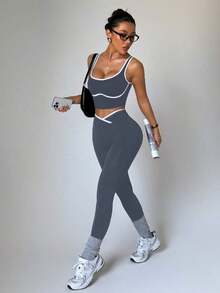 Dewbera Conjunto deportivo de mujer de dos piezas con bloques de color sin costuras, malla de yoga, conjunto de fitness, conjunto de entrenamiento de dos piezas, conjunto activo de dos piezas, conjunto deportivo negro de dos piezas - Gris - Ver 3