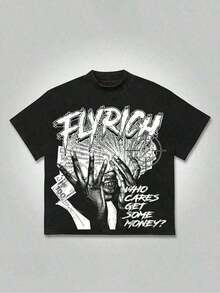 Camiseta de manga corta Flyrich - Money - Centric Street - Wear, estampado casual, cómoda y versátil, camiseta estampada de algodón puro con patrón de letras, 100% algodón. - Negro - Ver 6