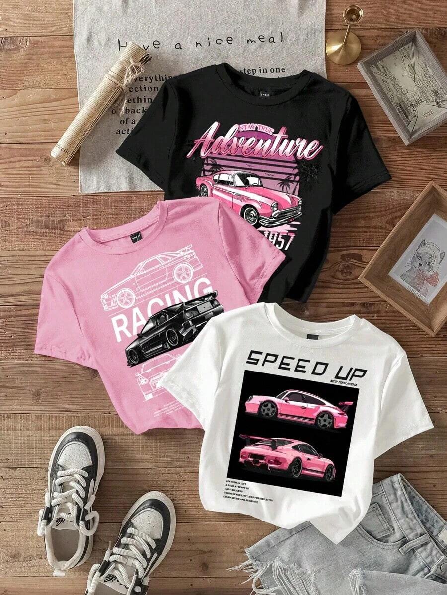 Conjunto de 3 piezas de tops cortos, camisetas y suéteres holgados con estampado de coches para mujer, adecuado para salidas de verano. - Blanco - Ver 1