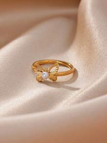 1PC Elegant Pearl Butterfly Rings For Women 18K Gold Plated Stainless Steel Butterfly Ring Aesthetic Wedding Party Jewelry Gift - Multicolor - View 2