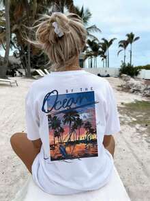 Camiseta holgada para mujer con estampado de palmeras y atardecer en el océano, suave y transpirable, estilo casual, estilo boho playero, manga corta, adecuada para vacaciones de verano, viajes a la playa, fiestas con fogatas y resorts tropicales, color negro. - Blanco - Ver 6