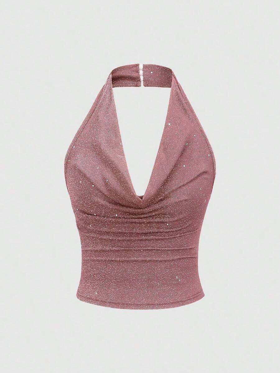 corto de camisola de punto metálico con lentejuelas para mujer, top sexy de espalda descubierta y ajustado al Body - Rosa 2 - Ver 1