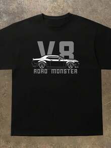 Camiseta Unisex de Manga Corta para Verano 2025, Estilo Americano con Diseño de Coche Deportivo V8, Corte Holgado, Algodón Grueso, Casual, para Hombres y Mujeres - Negro - Ver 1