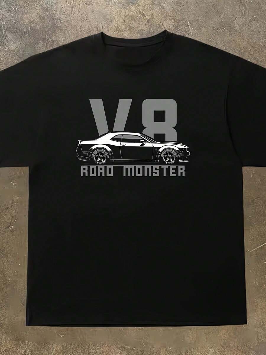 Camiseta Unisex de Manga Corta para Verano 2025, Estilo Americano con Diseño de Coche Deportivo V8, Corte Holgado, Algodón Grueso, Casual, para Hombres y Mujeres - Negro - Ver 1