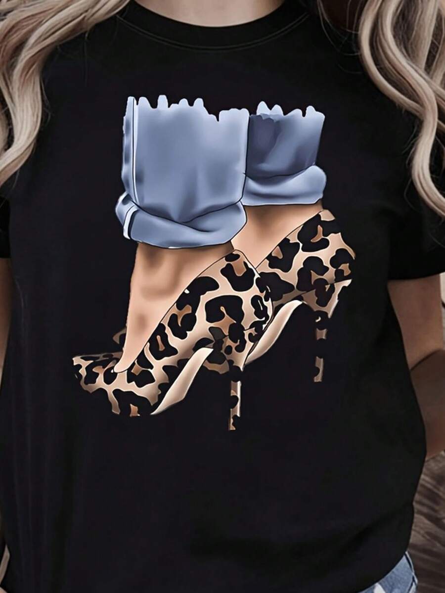 Gran oferta: Camiseta de manga corta con cuello redondo y estampado de leopardo para mujer, talla grande, corte regular, ideal para uso diario. - Negro - Ver 1
