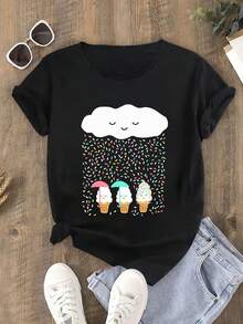 Women's Black Short-Sleeved T-Shirt With Candy Ice Cream Print On Clouds, Round Neck, Soft And Slightly Stretchy Casual Design, Cool And Breathable, Attractive Retro Bohemian Style, Suitable For Daily Comfort And Lounging. - 黑色 - 查看 1