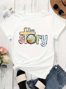 "True Story" T-Shirt With Christian Cross And Easter Resurrection - White - View 4
