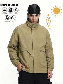 Men's Casual Loose Outdoor Jacket, Stand Collar Zipper Windbreaker Suitable For Daily And Outdoor Activities - Khaki - View 1