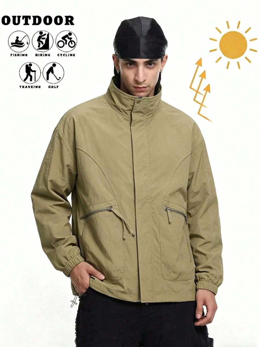 Men's Casual Loose Outdoor Jacket, Stand Collar Zipper Windbreaker Suitable For Daily And Outdoor Activities - Khaki - View 1