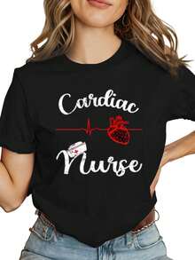 Comfortable And Stylish Women's T-Shirt Featuring A 'Nurse Heart, Heart Attack, Heartbeat, ECG, Text, And Heart Pattern' Design. Modern, Ideal For A Gift, Fashionable, Retro, Breathable, And Casual. Crew Neck, Regular Fit. Machine Washable. This Printed T-Shirt Is Suitable For All Occasions. SFON - 黑色 - 查看 1