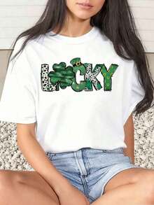 1 Piece Women's T-Shirt With Lucky Pattern And Text Print, Green, For Festival And Daily Wear, Round Neck, Short Sleeve, Soft And Comfortable, 220g/180g, 100% Cotton - 白色 - 查看 6