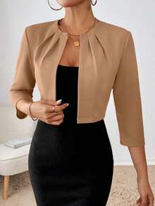 Blazer de moda casual y de negocios con frente abierto y plisado, de manga larga, para otoño/invierno - Caqui - Ver 8