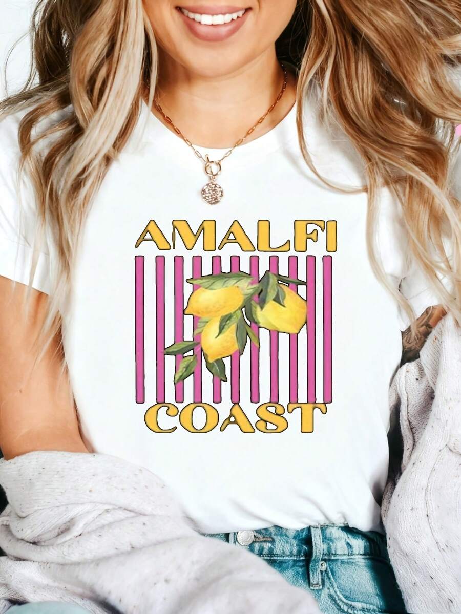 Amalfi Coast Lemon Graphic T-Shirt, 100% Cotton Oversized Soft Breathable Retro Casual Crewneck Short Sleeve Top, Summer Vibes Aesthetic Tee for Women & Travel Lovers