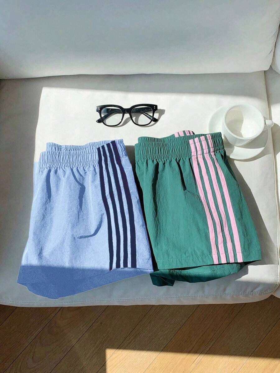 2 piezas Shorts casuales de estilo callejero para mujer con contraste de color en la cinta, shorts de lunares, verano - Celeste - Ver 1