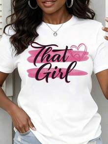 NEW Women's Round Neck T-Shirt With Pink Heart Print, Short Sleeve, Casual Style For Everyday Wear, Urban Vintage Style, Unisex, Loose Cotton - 白色 - 查看 1