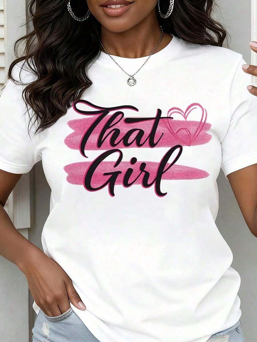 NEW Women's Round Neck T-Shirt With Pink Heart Print, Short Sleeve, Casual Style For Everyday Wear, Urban Vintage Style, Unisex, Loose Cotton - 白色 - 查看 1