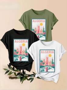 Women's T-Shirt Set, 1 Piece With Vintage Architectural Design And Palm Tree Illustration. A Beautiful, Elegant, Casual, And Sporty Women's Garment, Ideal For Holiday Gifts, Machine Washable, Short-Sleeved Top With A Round Neck. - 1件白色隨機圖案 - 查看 1