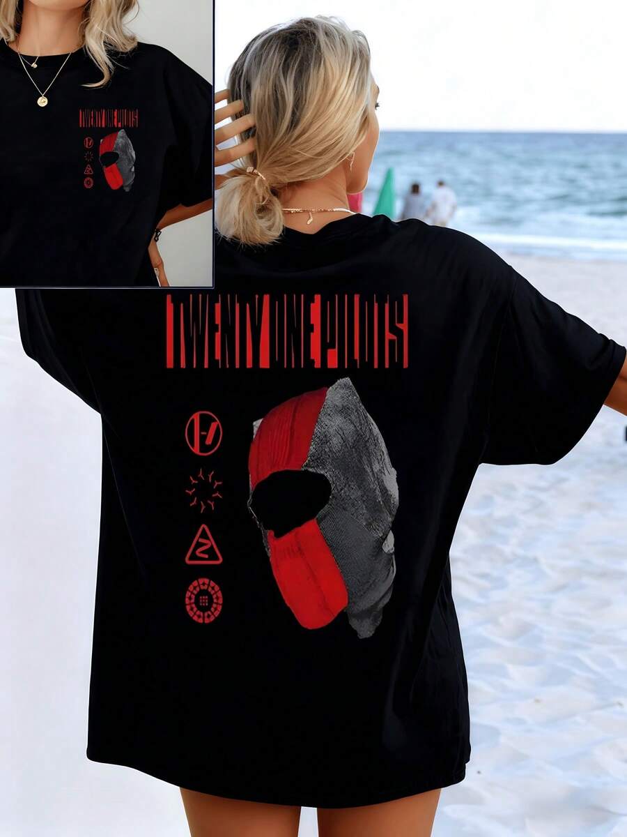 Abstract Symbols In Contrasting Red And Gray Evoke Energy And Duality, Conveying Inner Strength And Personal Transformation With A Modern Touch. Women's T-Shirt With A Comfortable Double Print For Everyday Wear. - 黑色 - 查看 1