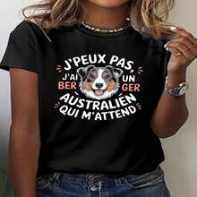 One Piece, Classic And Versatile, Pure Cotton Short-Sleeved T-Shirt, Suitable For Any Season. The Feminine Design Features A Stylish Australian Shepherd. - 黑色 - 查看 2