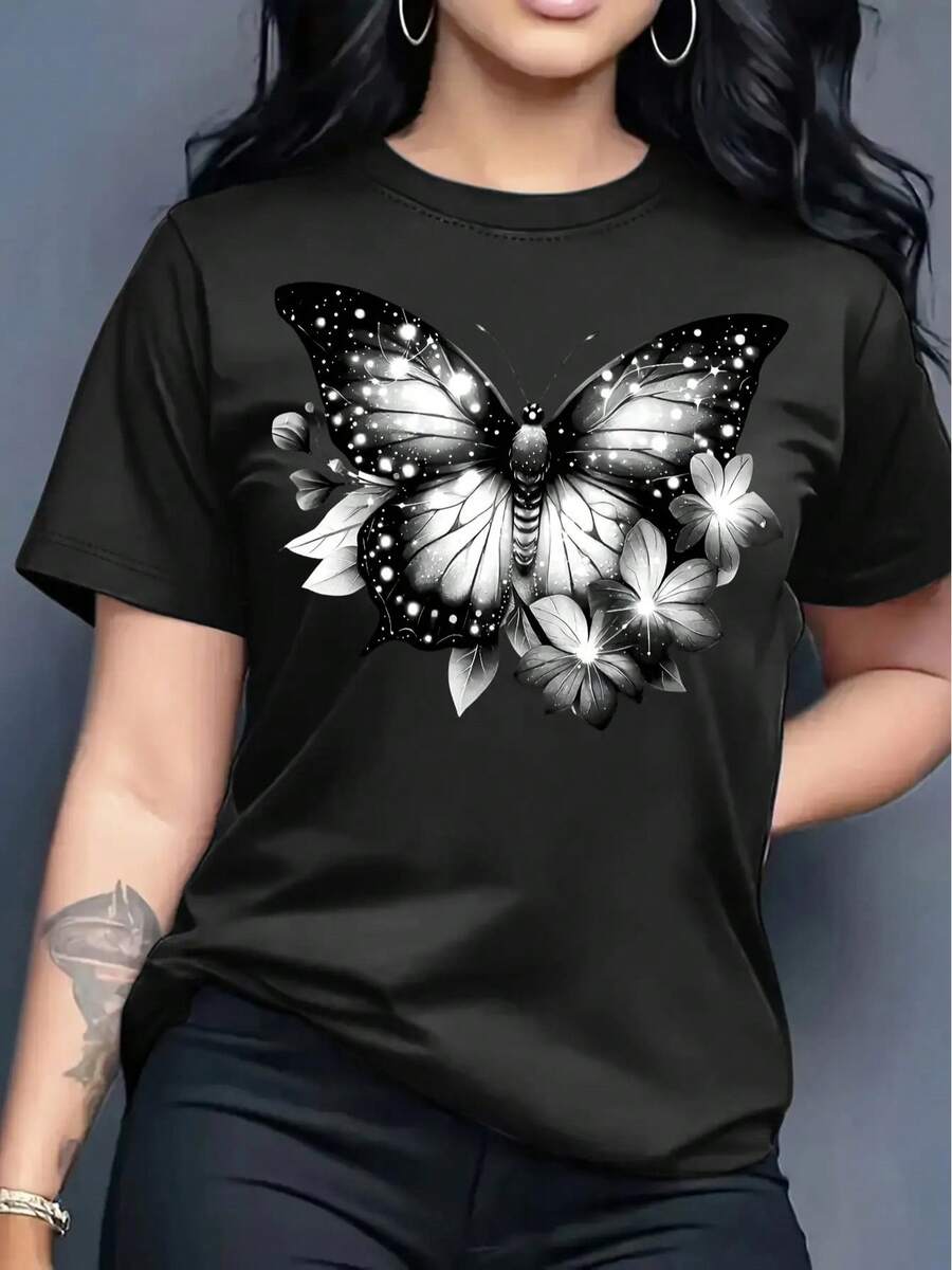 Camiseta de manga corta con cuello redondo y estampado de mariposas para mujer, estilo casual de primavera/verano - Camiseta unisex de algodón holgada con cuello redondo y manga corta, estilo vintage urbano. - Negro - Ver 1