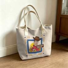 Miniso Disney Toy Story Woody Let's Ride, Cowboy! Canvas Tote Bag, Beige Western Print Shoulder Bag For Daily Use - Pink - View 2