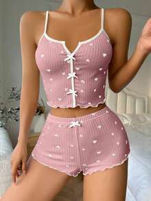 pijama / Pijama con estampado de corazón, ribete contrastante y lazo delantero - Rosa - Ver 3