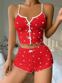 pijama / Pijama con estampado de corazón, ribete contrastante y lazo delantero - Rojo - Ver 5