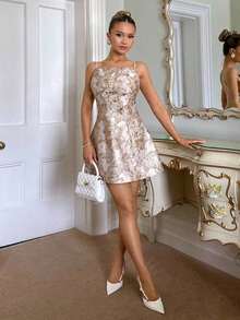 Vestido de mujer sin tirantes con decoración jacquard y floral 3D, vestido de té de lujo para banquetes y fiestas, vestido de princesa francés elegante con espalda descubierta y recortes, sexy y elegante para verano - Multicolor 2 - Ver 3