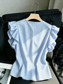 Blusa blanca casual y versátil con mangas acampanadas y volantes, Camisa de cuello en V, Camisa de lunares, Blusa estampada de lunares, Camisa de manga corta, Camiseta estampada, Ropa de verano para vacaciones - Azul y blanco - Ver 2
