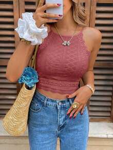 Camiseta de tirantes de mujer con cuello halter, hombros descubiertos y entredós de encaje - Color caoba - Ver 7