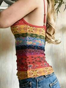 Camiseta de tirantes de uso diario versátil y casual con estampado de leopardo y parches de encaje para mujer - Multicolor - Ver 3