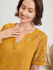 Vestido casual diario de encaje y parches para mujer, primavera y verano - Amarillo - Ver 8