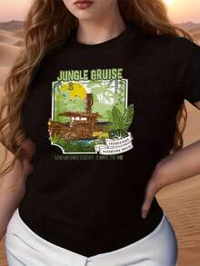 Jungle Adventure Graphic With An Old Boat Among Tropical Leaves Symbolizing Exploration, Freedom And Connection With Nature; Comfortable And Breathable Women's T-Shirt Ideal For Everyday Wear - 黑色 - 查看 1