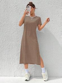 Vestido casual de verano de manga corta tejido a rayas en blanco y negro con estampado - Café integral - Ver 5